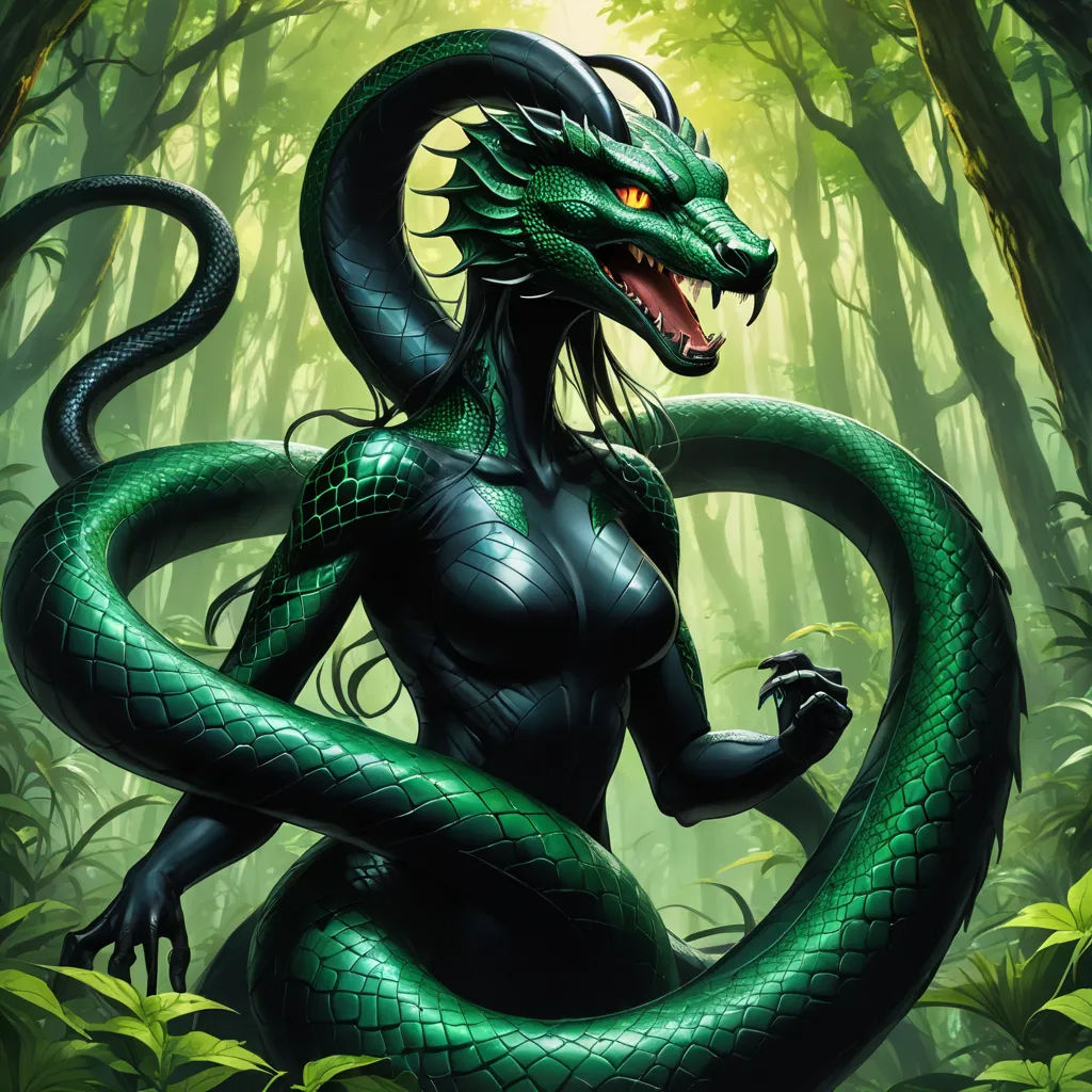 a woman with a green snake on her arm in the woods with trees and bushes behind her, holding a cigarette, cobra, a character portrait, Donato Giancola, magic the gathering artwork