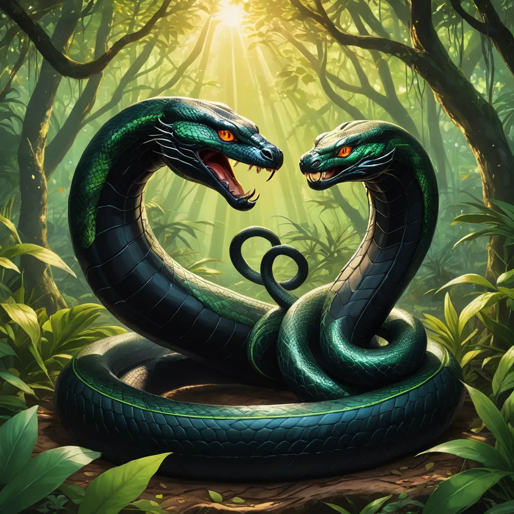 a couple of snakes are in the middle of a forest with sunlight coming through the trees and leaves on the ground, cobra, concept art, Andries Both, magic the gathering artwork