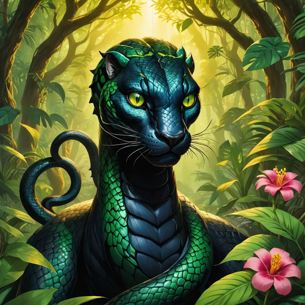 a green and black cat with a snake on its back in a forest with flowers and trees, with a light coming from behind, cobra, a character portrait, Art of Brom, official art
