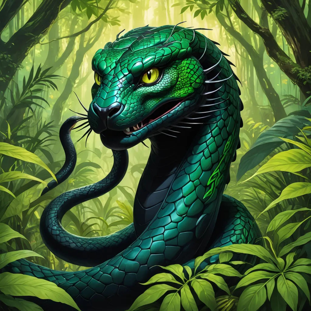 a green snake with yellow eyes in the jungle with green leaves and trees around it, with a yellow - eyed, yellow - eyed, black - headed snake in the foreground, cobra, a character portrait, Brom, green