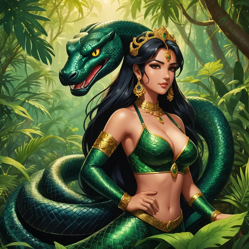 a woman in a green bikini with a snake on her shoulder and a snake on her shoulder, in the jungle, fantasy art, egyptian art, Art of Brom, highly detailed digital painting