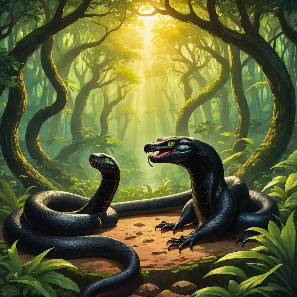 a snake and a snake in a forest with sunlight coming through the trees and leaves on the ground, with a snake on the ground, cobra, an illustration of, Brothers Hildebrandt, official art