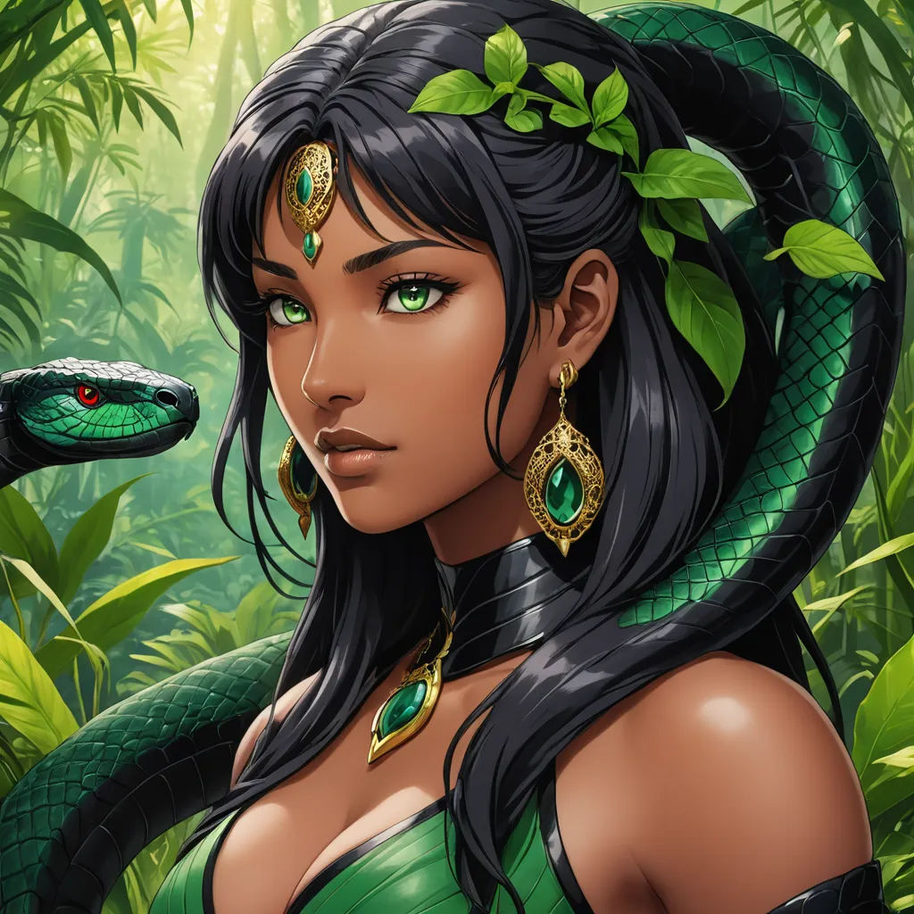 a woman with a snake on her shoulder and a snake on her shoulder, in a jungle setting, with a green snake on her shoulder, cobra, a character portrait, Anne Stokes, fantasy character portrait