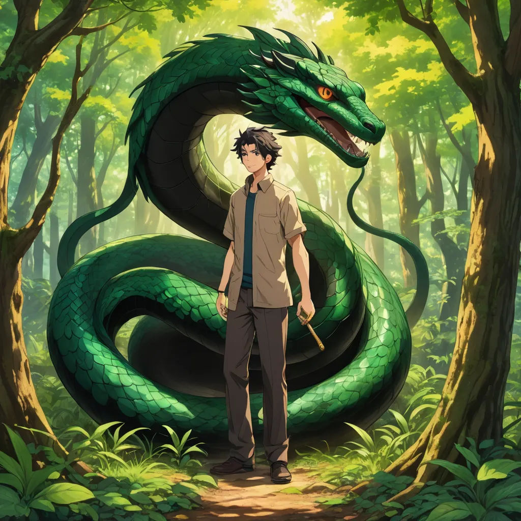 a man standing in front of a green snake in a forest with trees and bushes around him, with a cane in his hand, fantasy art, poster art, Cedric Seaut (Keos Masons), official art