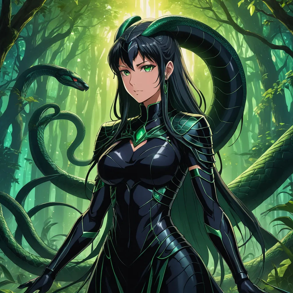 a woman in a black outfit with a snake on her shoulder and a snake on her shoulder, in a forest, cobra, a character portrait, Eizan Kikukawa, official art