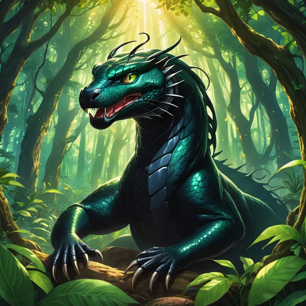 a green dragon sitting on a tree branch in a forest with sunlight coming through the trees and leaves surrounding it, fantasy art, a character portrait, Adam Rex, magic the gathering artwork