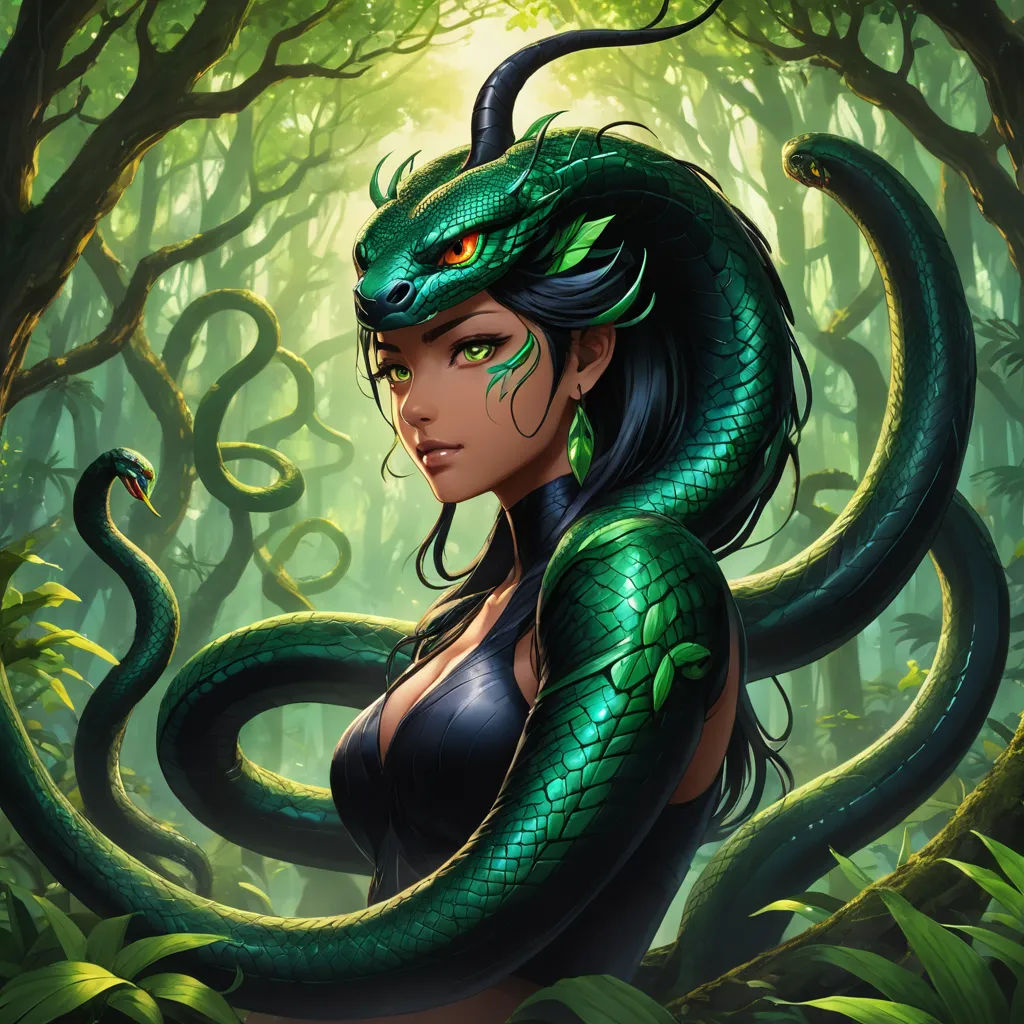 a woman with a green snake on her shoulder in a forest with trees and leaves, with a green snake on her shoulder, fantasy art, a character portrait, Art of Brom, league of legends concept art