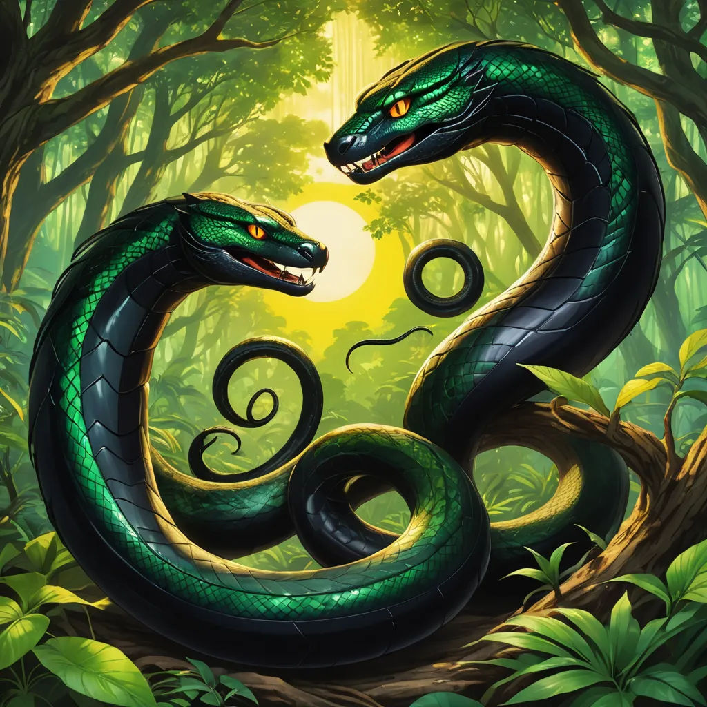 a green snake with its mouth open in a forest with trees and leaves, with the sun shining through the trees, cobra, an illustration of, Andries Both, magic the gathering artwork