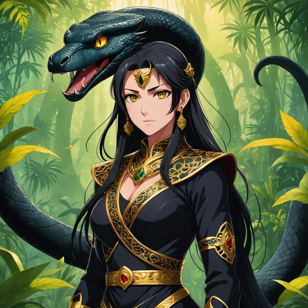 a woman in a black dress with a snake on her head and a snake on her shoulder, in a jungle, sumatraism, a character portrait, Anne Stokes, official art
