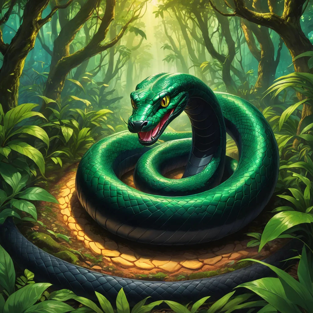 a green snake is on a path in the woods with trees and bushes around it, with a bright light coming from behind it, cobra, concept art, Brom, magic the gathering artwork