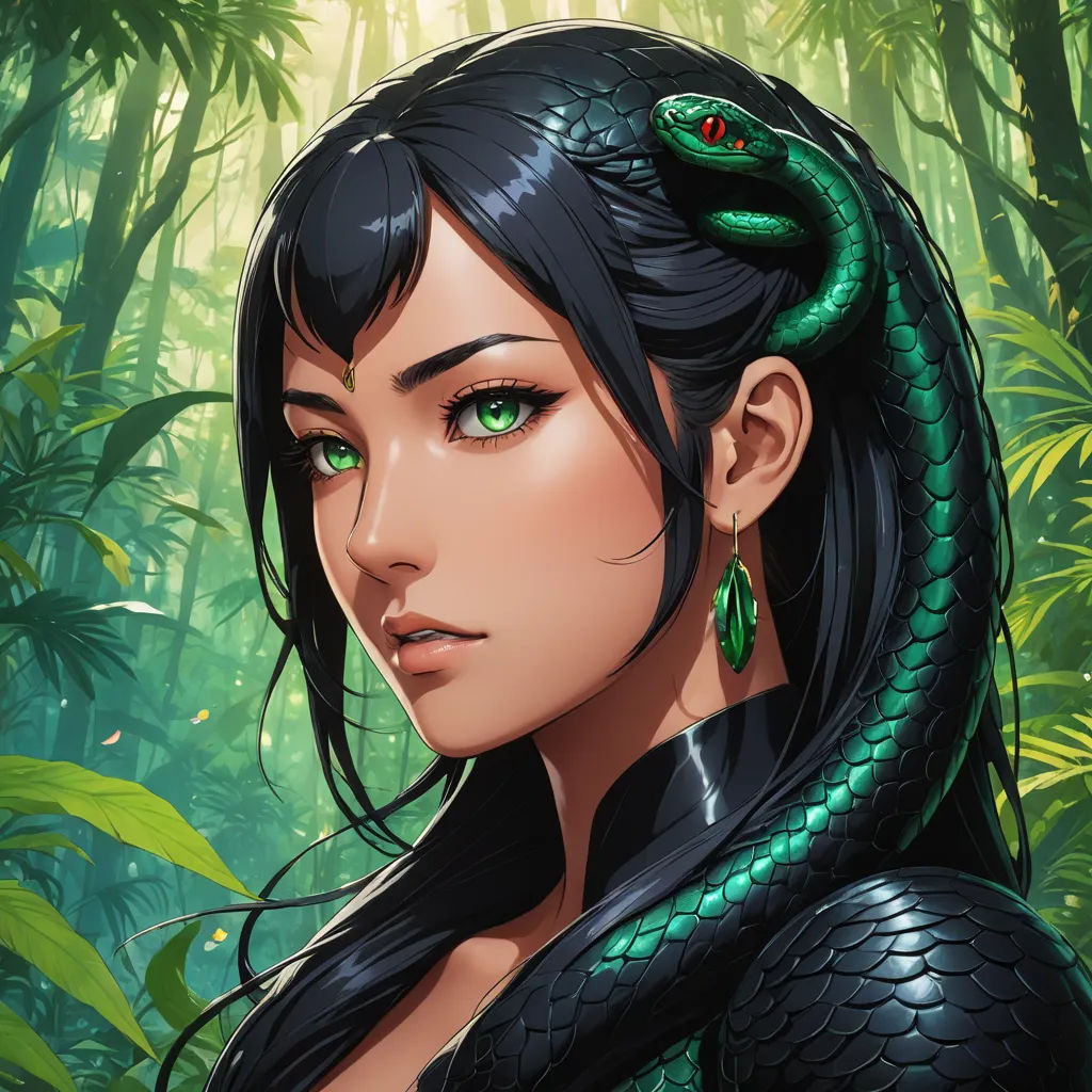 a woman with a snake on her shoulder in a jungle with green leaves and a green snake on her shoulder, cobra, a character portrait, Anne Stokes, fantasy character portrait