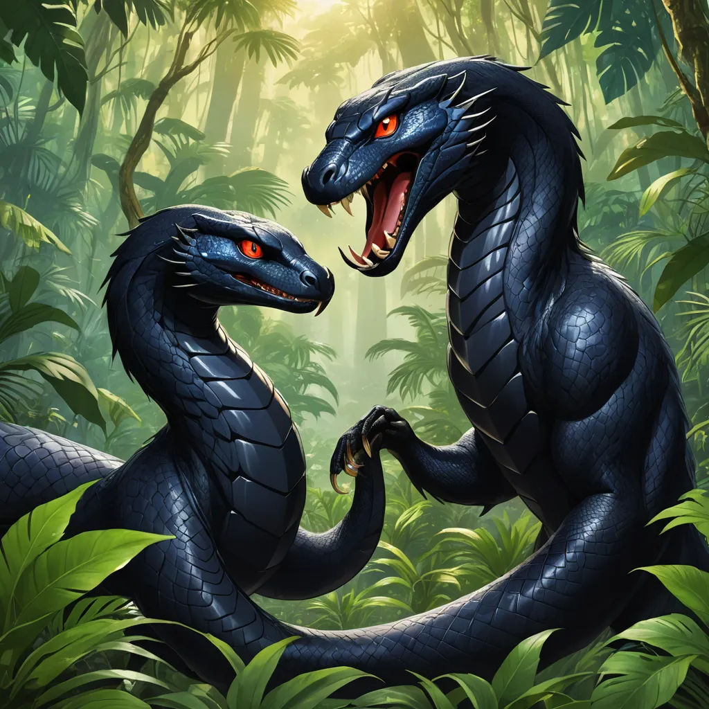 two black snakes fighting in a jungle with red eyes and fangs on their faces, with a green background, cobra, concept art, Brothers Hildebrandt, magic the gathering artwork