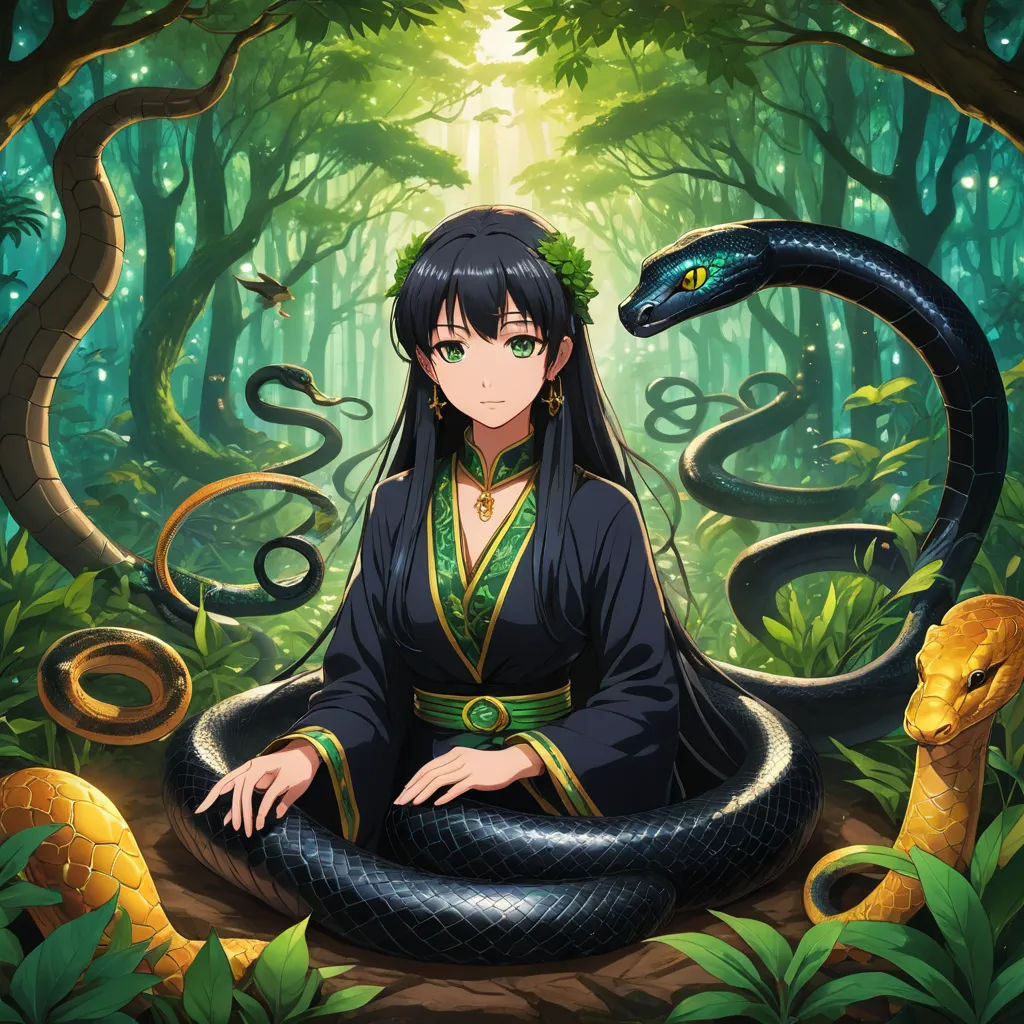 a woman in a black dress sitting in a forest with a snake on her lap and a snake on her shoulder, cobra, a character portrait, Aya Goda, official art