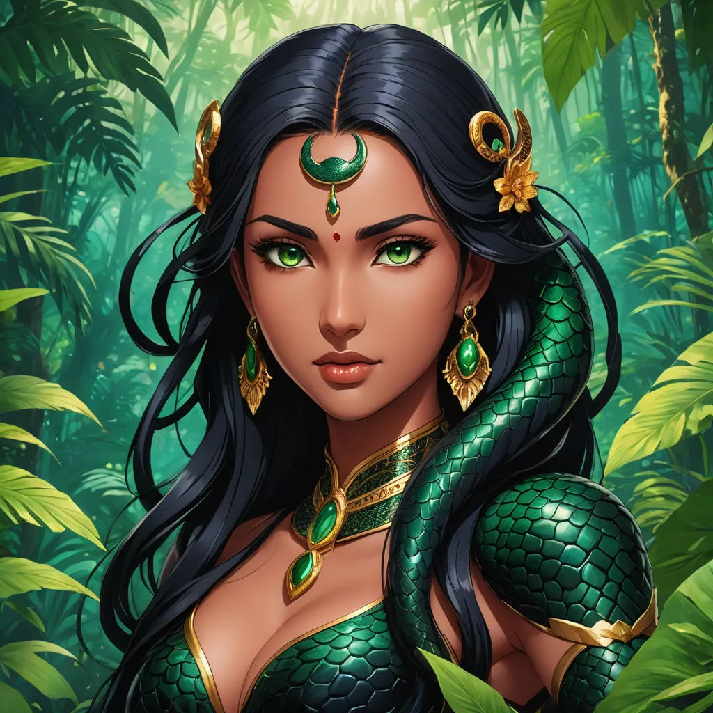 a woman with a snake on her shoulder in a jungle setting with green leaves and a snake on her shoulder, fantasy art, a character portrait, Anne Stokes, fantasy character portrait