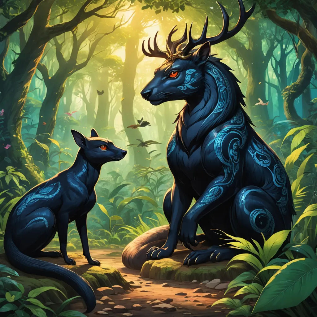a couple of animals that are in the woods together on a path in the woods with trees and plants, altermodern, concept art, Brothers Hildebrandt, magic the gathering artwork