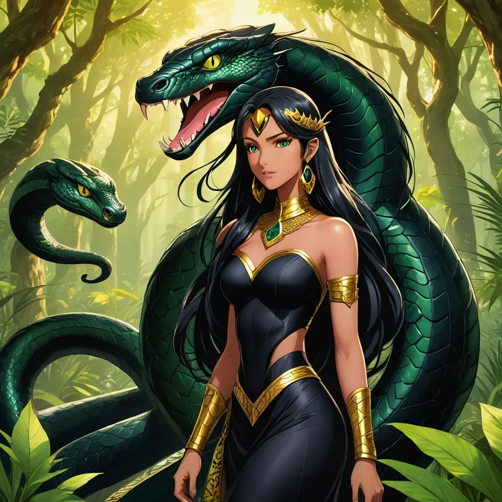 a woman in a black dress with a snake on her shoulder and a snake on her shoulder, in the jungle, fantasy art, egyptian art, Anne Stokes, official art