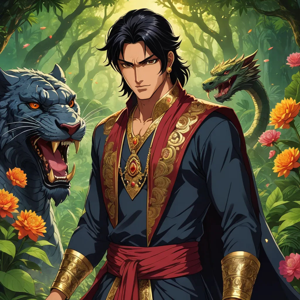 a man in a red and gold outfit standing next to a black cat in a forest with flowers and flowers, sumatraism, a character portrait, Altoon Sultan, official art