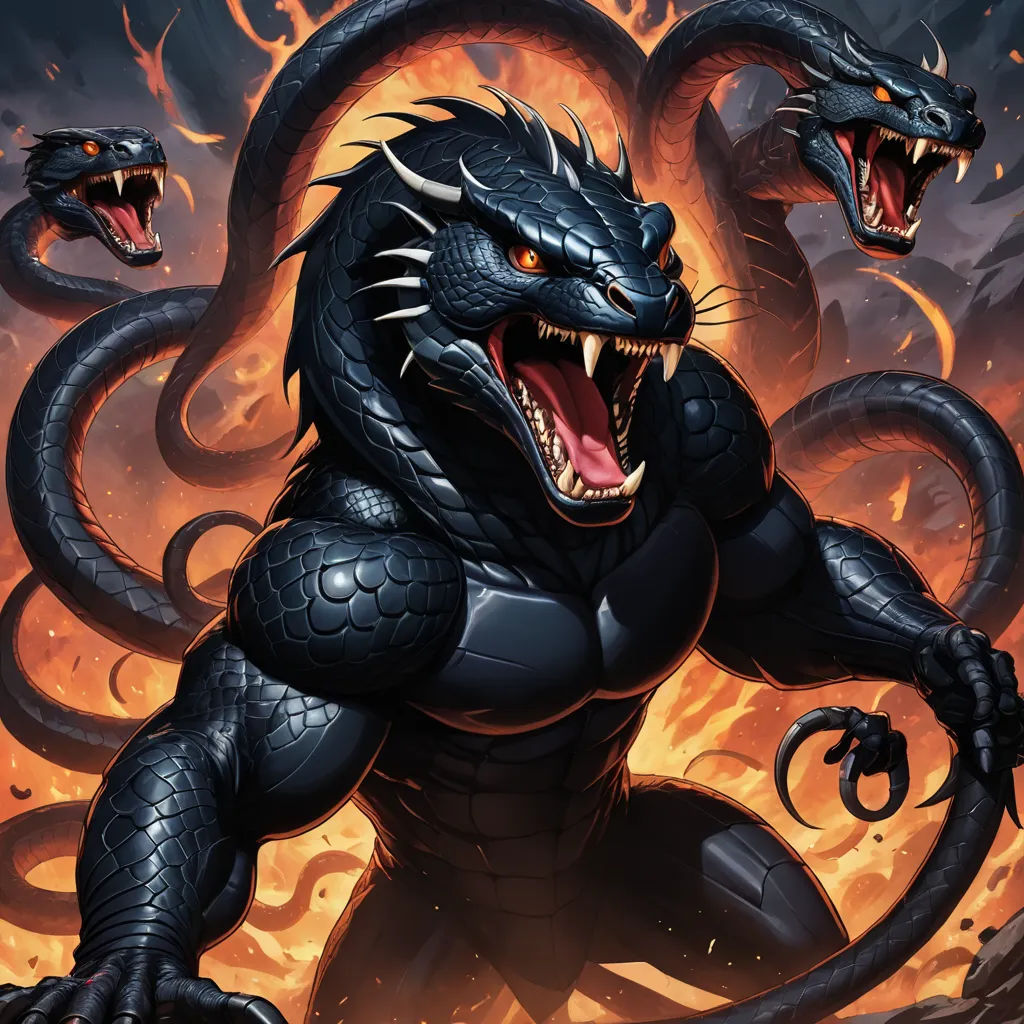 a black dragon with a large mouth and two smaller snakes around it's neck, with flames in the background, cobra, a comic book panel, Benjamin Marra, comic cover art