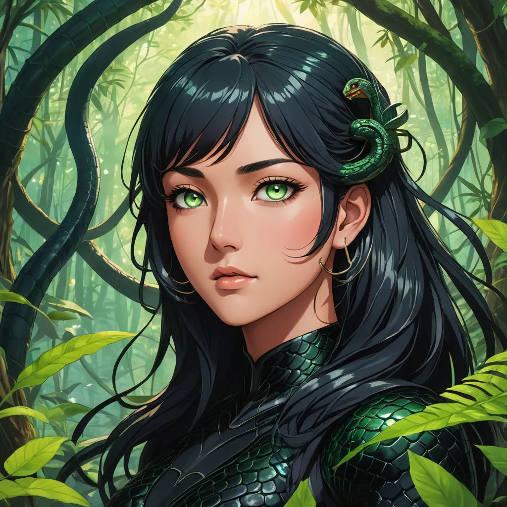 a woman with a snake on her head in a forest with green leaves and a snake on her head, fantasy art, a character portrait, Anne Stokes, fantasy character portrait