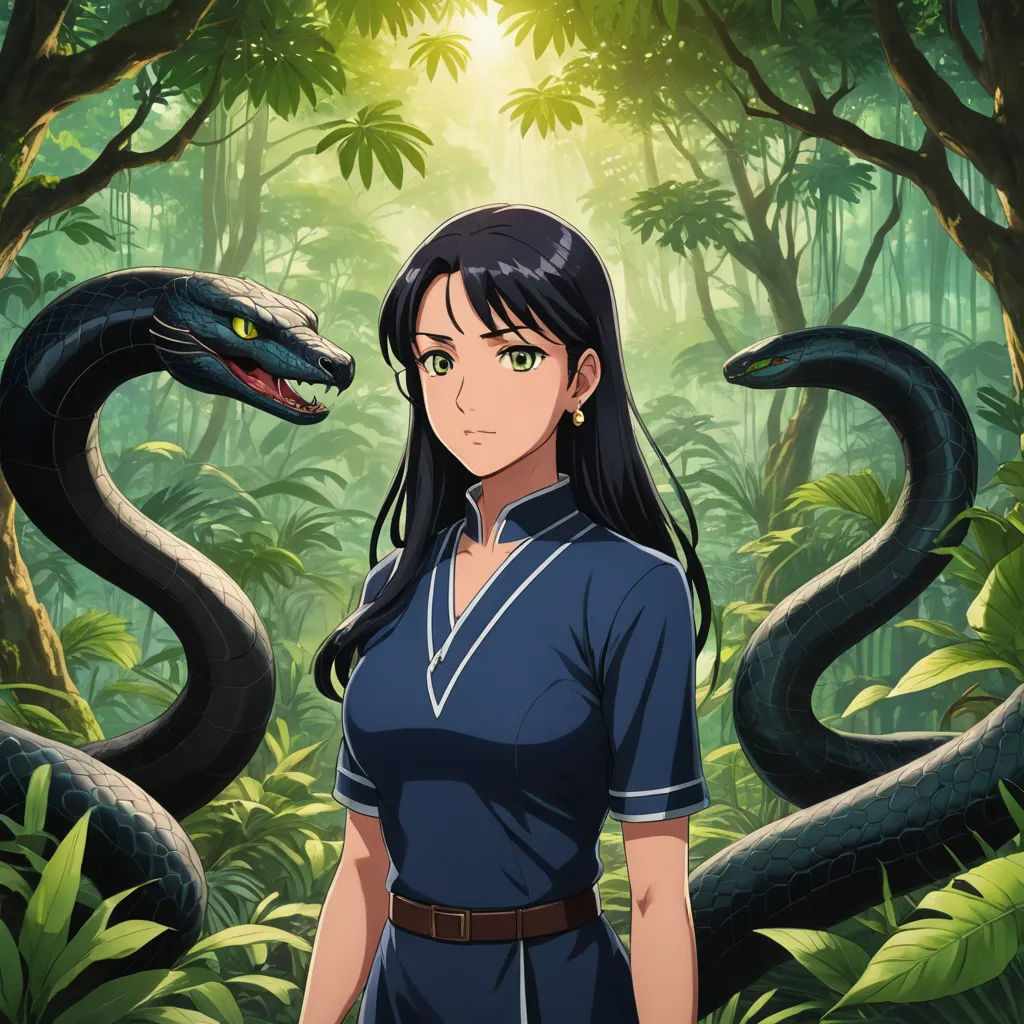a woman standing in front of a snake in a forest with trees and bushes behind her, with a green snake in the background, sots art, a character portrait, Anne Said, official art