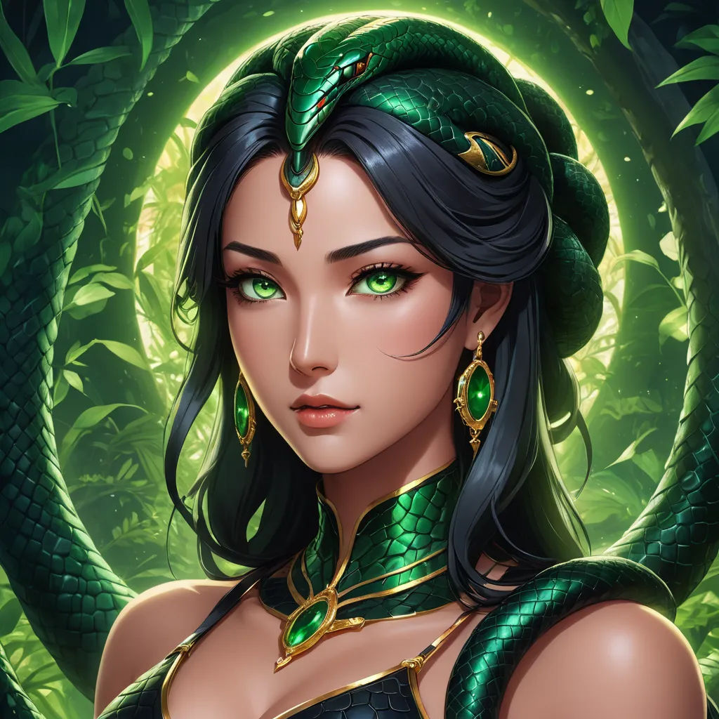 a woman with a snake on her shoulder and a snake on her shoulder, in front of a green background, fantasy art, a detailed painting, Anne Stokes, fantasy character portrait