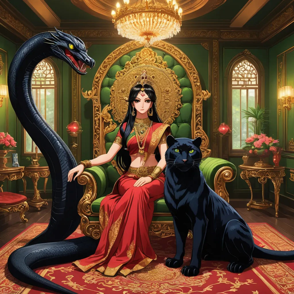 a woman sitting on a chair next to a black cat and a snake on a rug in a room, fantasy art, a storybook illustration, Anne Stokes, highly detailed digital painting