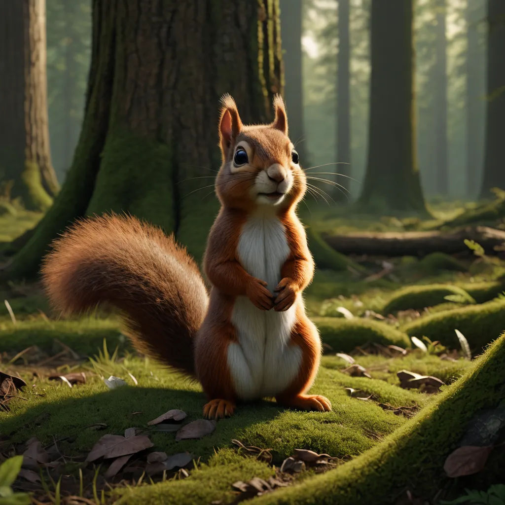 a squirrel standing on its hind legs in a forest with mossy ground and trees in the background, with a light shining on the ground, photorealism, a 3D render, Chris LaBrooy, unreal 5 render