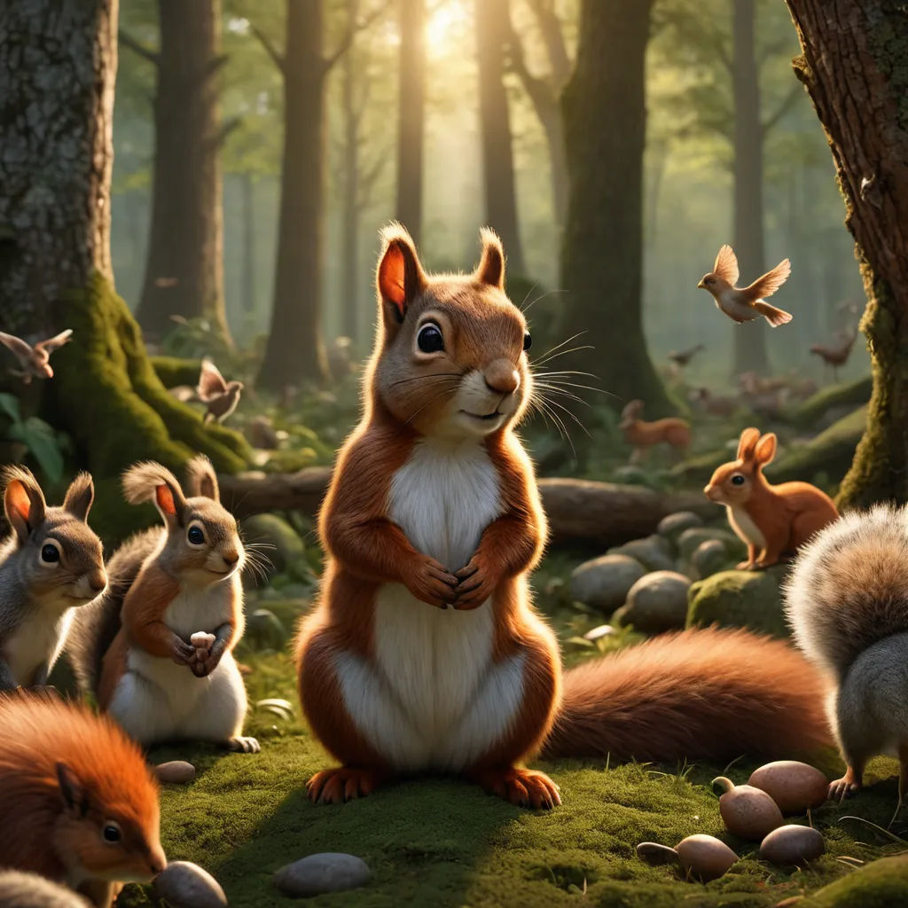 a group of squirrels standing in a forest with a bird flying overhead in the background and a group of other squirrels in the foreground, furry art, a storybook illustration, Chris LaBrooy, behance hd