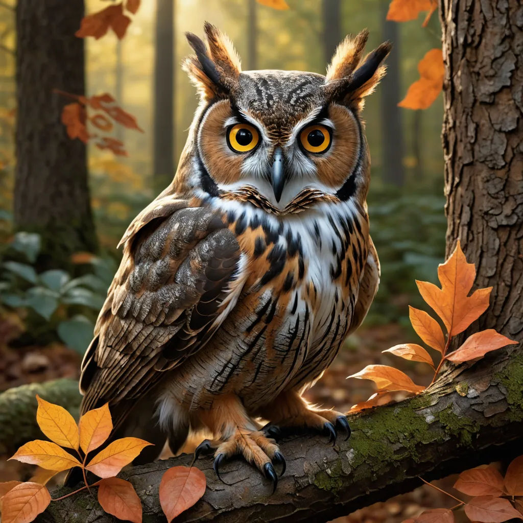 a large owl sitting on a tree branch in a forest with leaves around it and a sunbeam in the background, photorealism, a photorealistic painting, Chris LaBrooy, animal photography