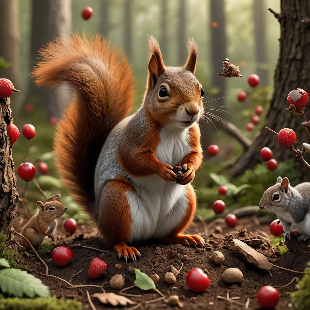 a squirrel and a squirrel are standing in the woods with apples and nuts on the ground and a squirrel is sitting on the ground, photorealism, a 3D render, Chris LaBrooy, highly detailed digital painting