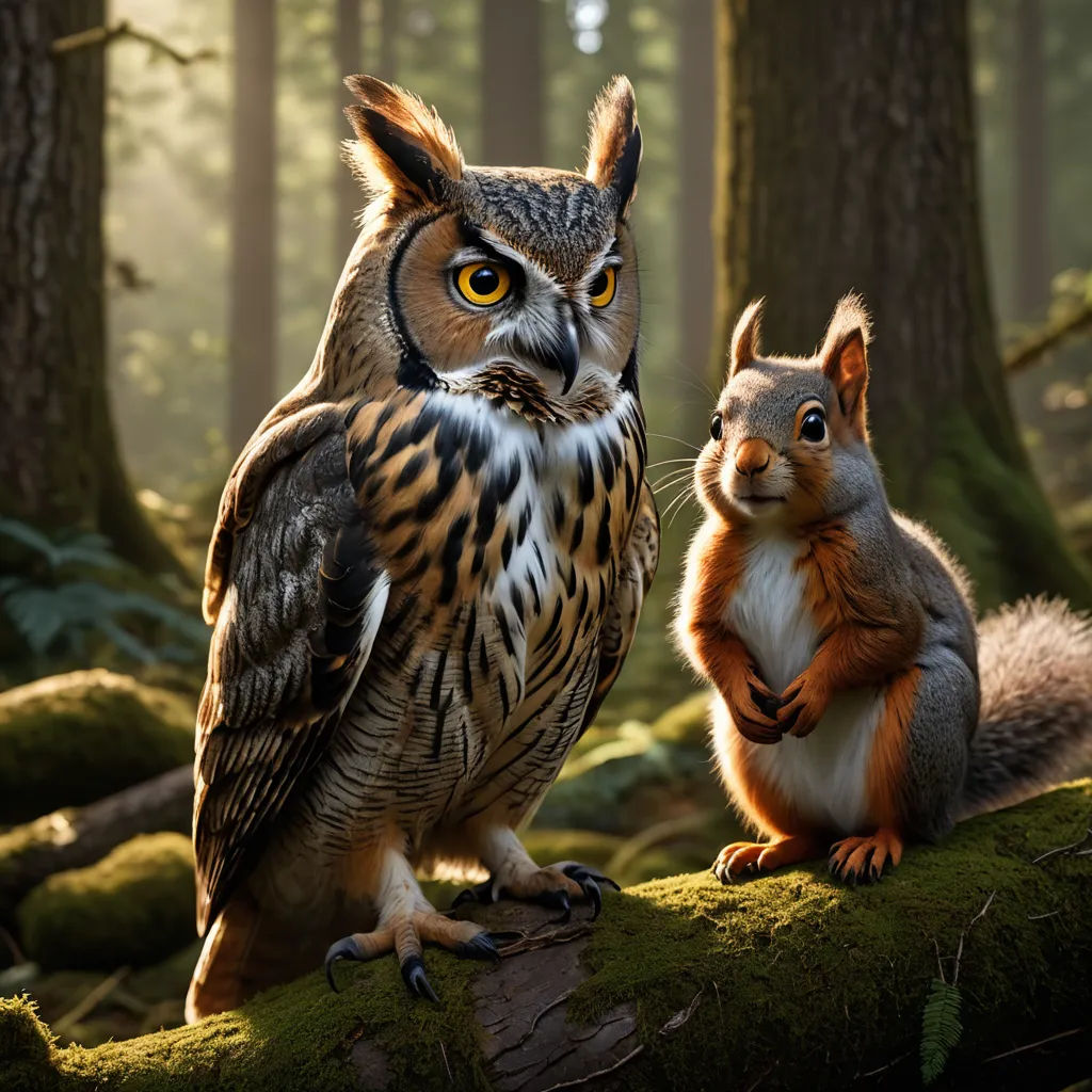 a large owl and a squirrel are sitting on a log in the woods together, with the owl looking at the camera, surrealism, a storybook illustration, Chris LaBrooy, behance hd