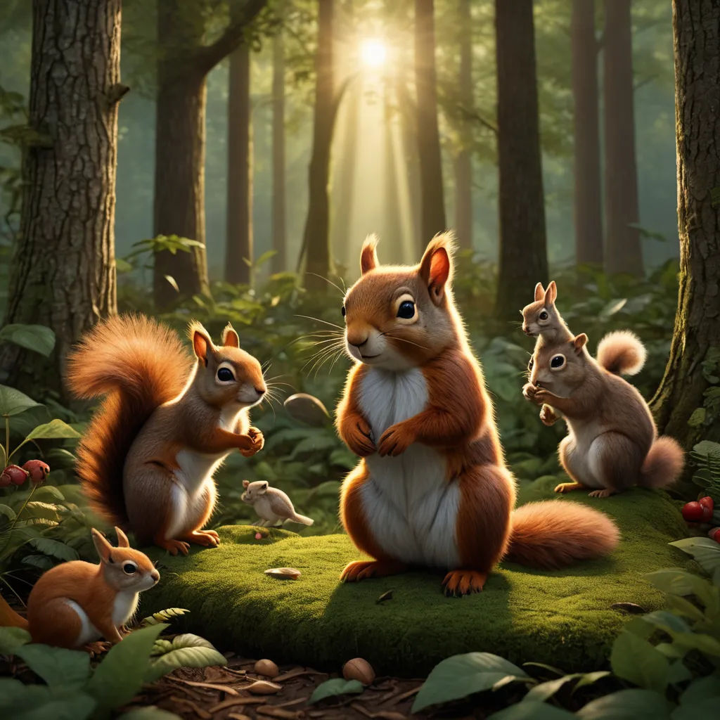 a group of squirrels sitting on top of a lush green field in the forest with sunlight shining through the trees, furry art, an oil painting, Chris LaBrooy, official art