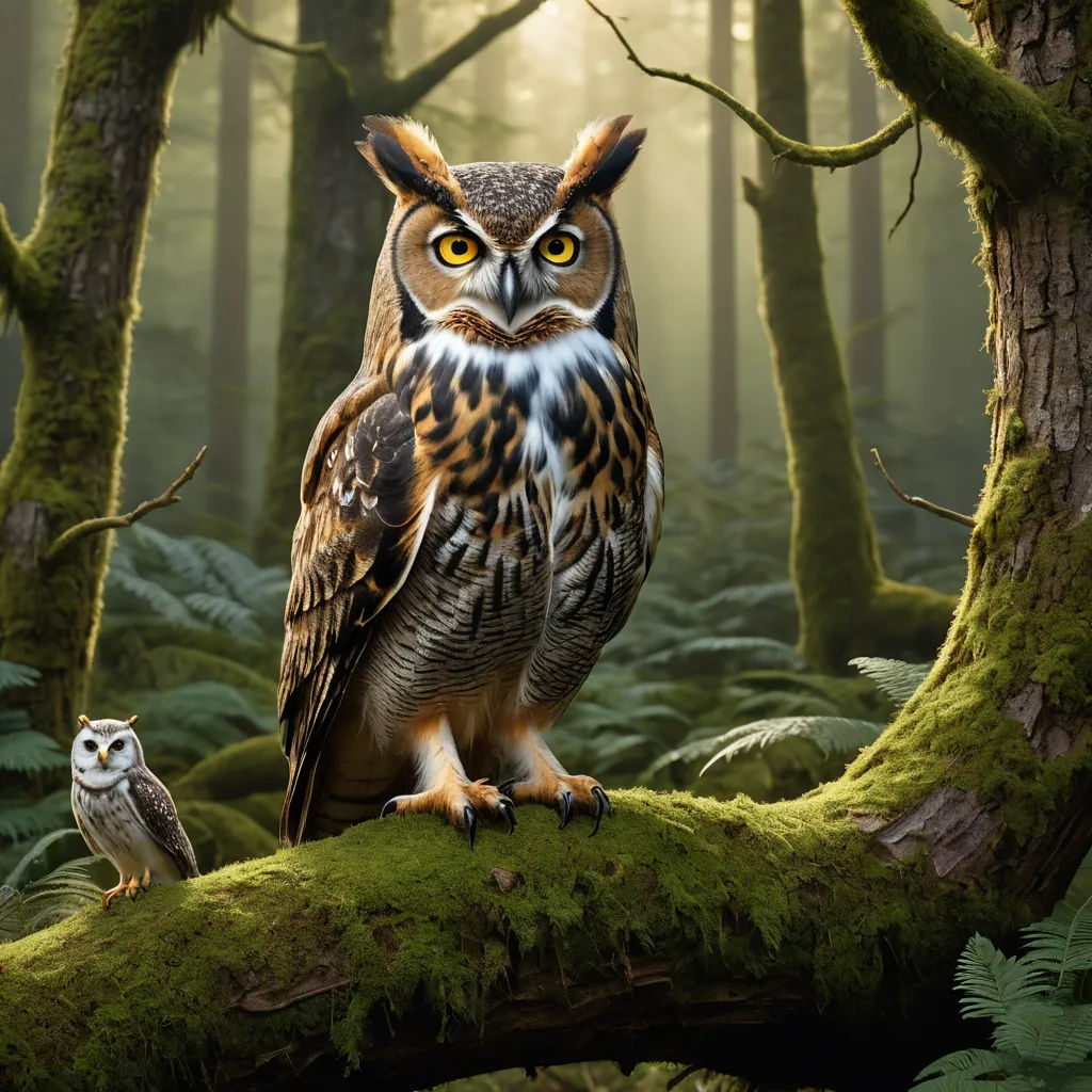 a large owl standing on a mossy branch in a forest with a smaller owl sitting on the branch, photorealism, a photorealistic painting, Chris LaBrooy, highly detailed digital painting