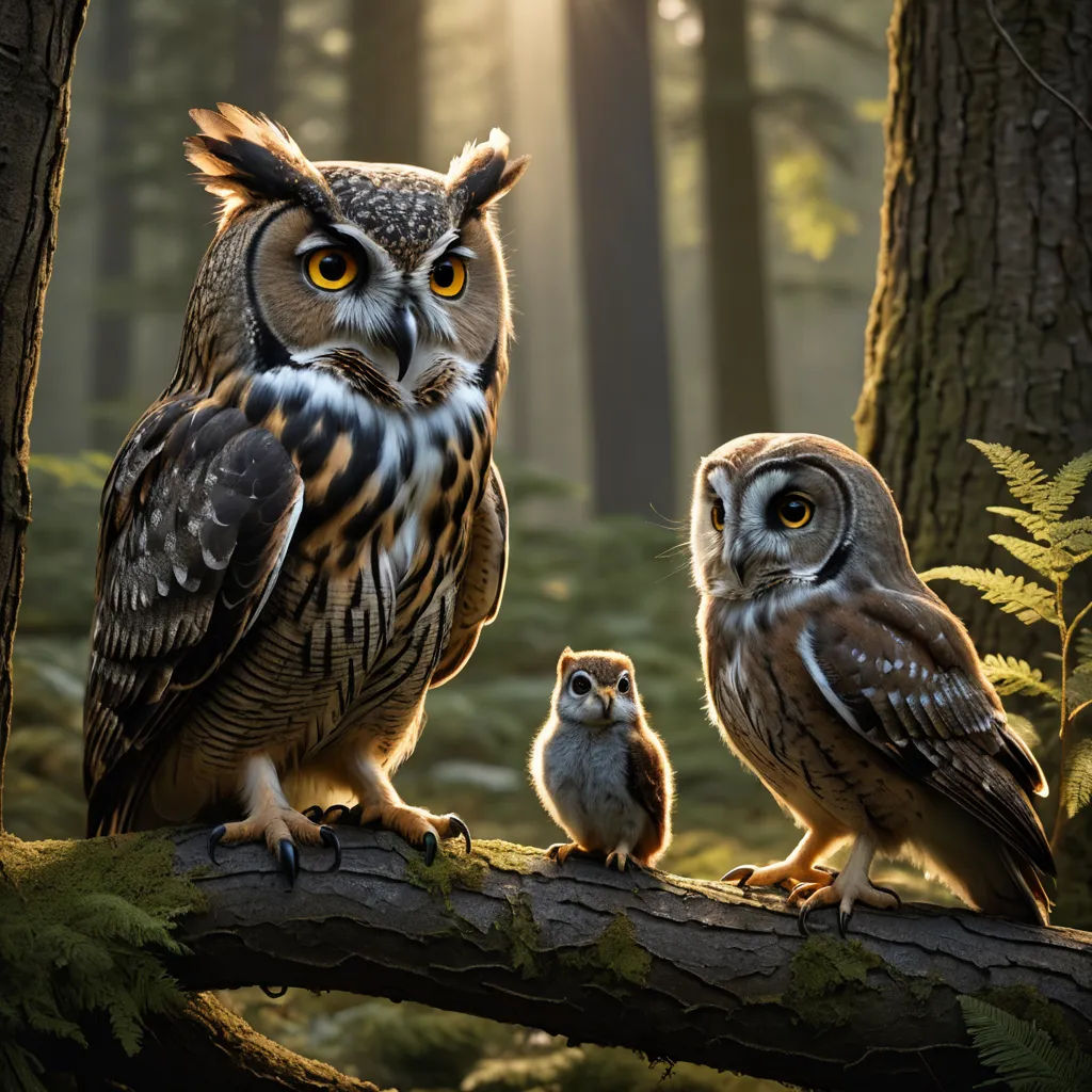 a couple of owls sitting on top of a tree branch in a forest next to a baby owl on a branch, photorealism, a storybook illustration, Chris LaBrooy, animal photography