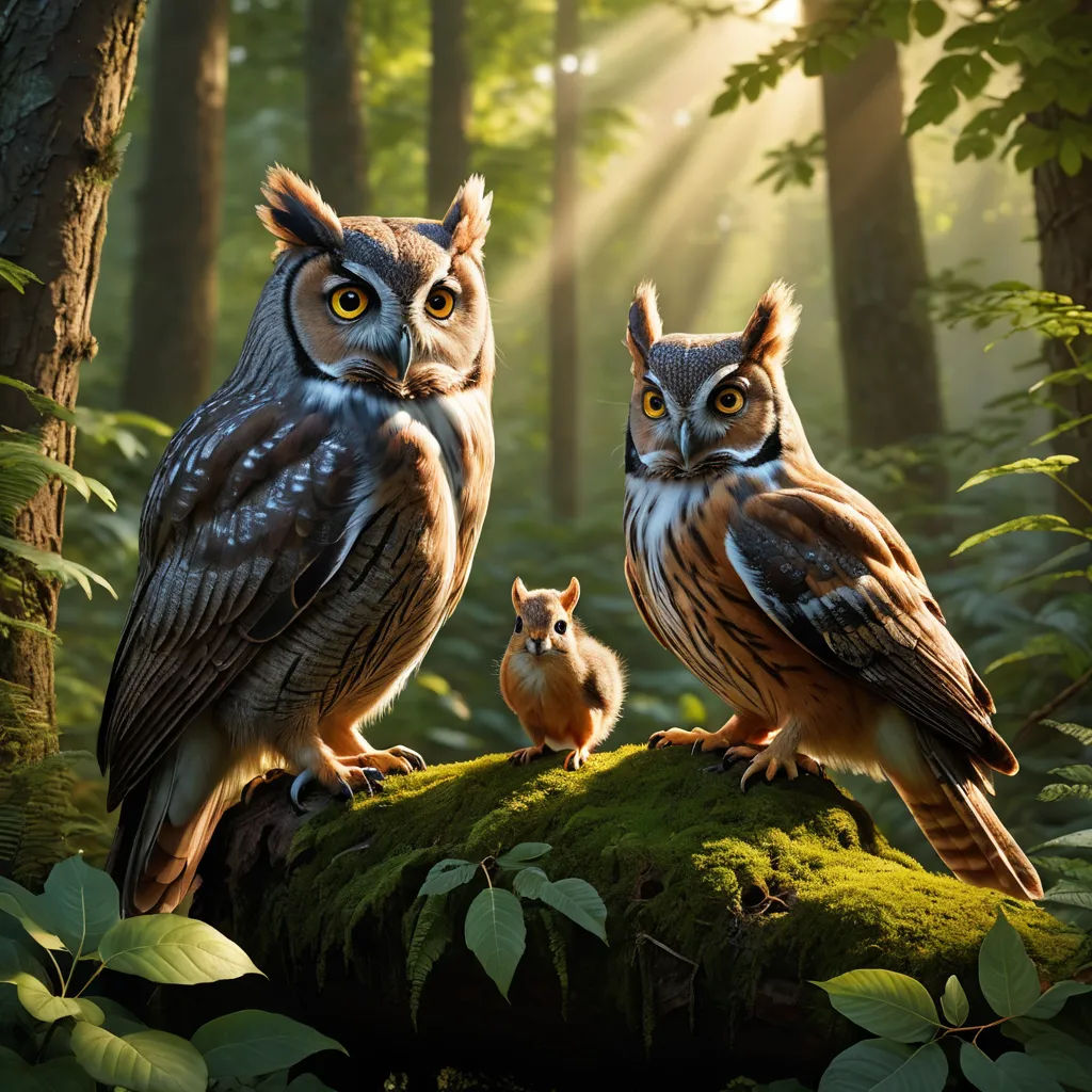 two owls are sitting on a mossy rock in the woods with a baby one in the foreground, sots art, a storybook illustration, Chris LaBrooy, key art