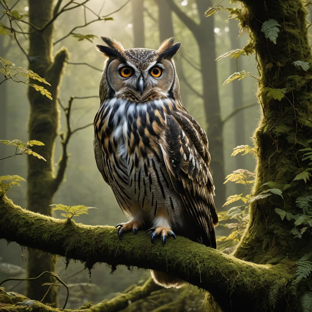 a large owl sitting on a tree branch in a forest with mossy trees and sunlight shining through the trees, naturalism, a photorealistic painting, Arie Smit, animal photography