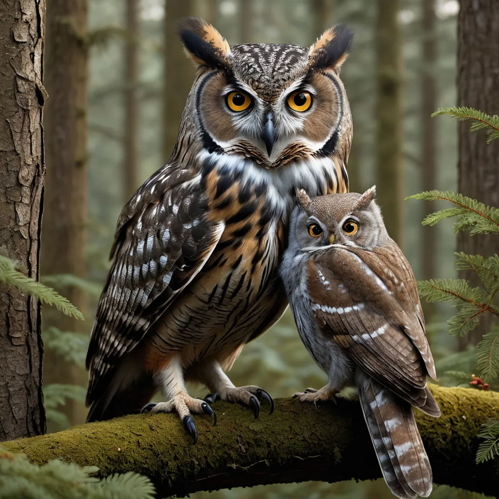 two owls are sitting on a branch in the woods together, with one looking at the camera and the other looking at the camera, photorealism, a photorealistic painting, Chris LaBrooy, highly detailed digital painting