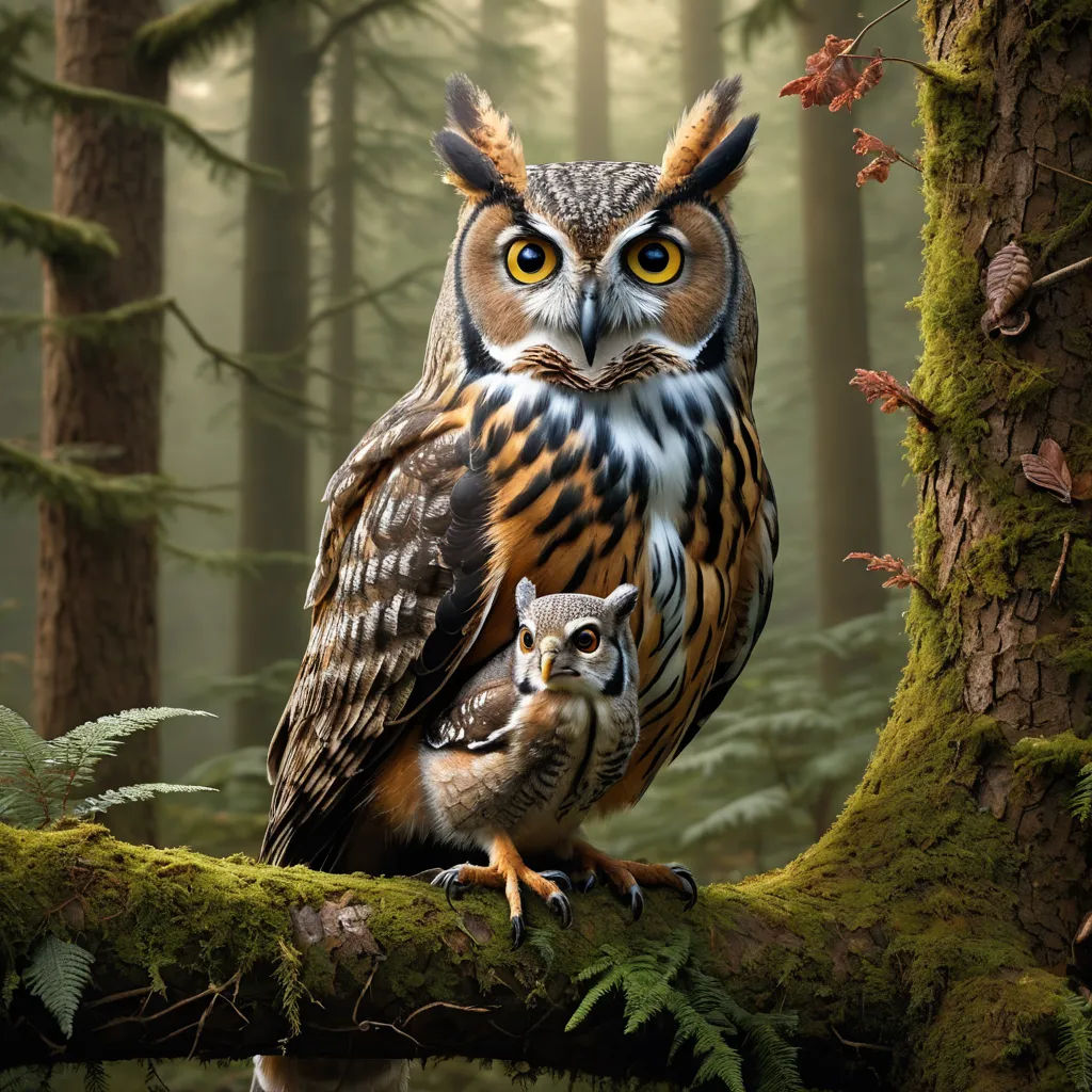 a mother owl and her baby sitting on a tree branch in a forest with mossy trees and ferns, naturalism, a photorealistic painting, Chris LaBrooy, highly detailed digital painting