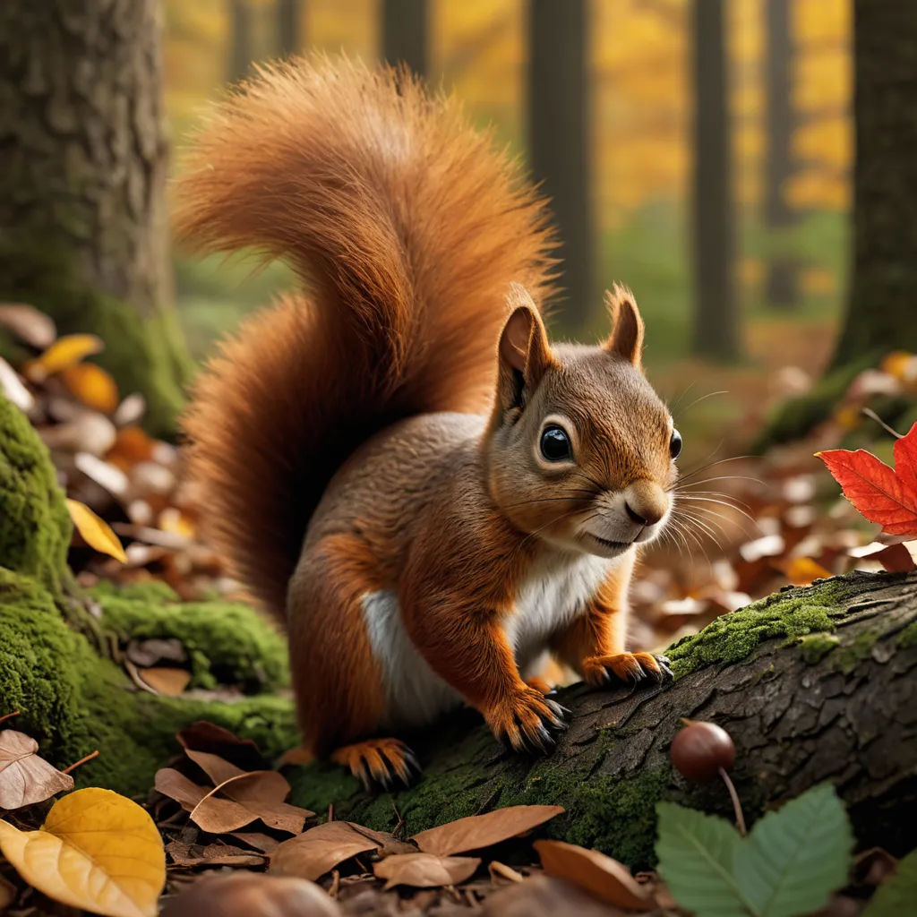 a squirrel is standing on a tree branch in the woods with leaves around it and a red maple leaf, photorealism, a 3D render, Chris LaBrooy, behance hd