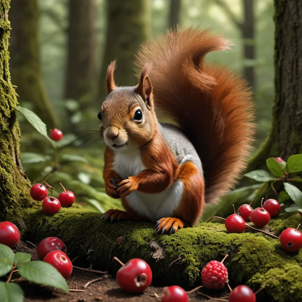 a squirrel is standing on a mossy log in the woods with berries around it and a tree with a red tail, photorealism, a 3D render, Chris LaBrooy, behance hd