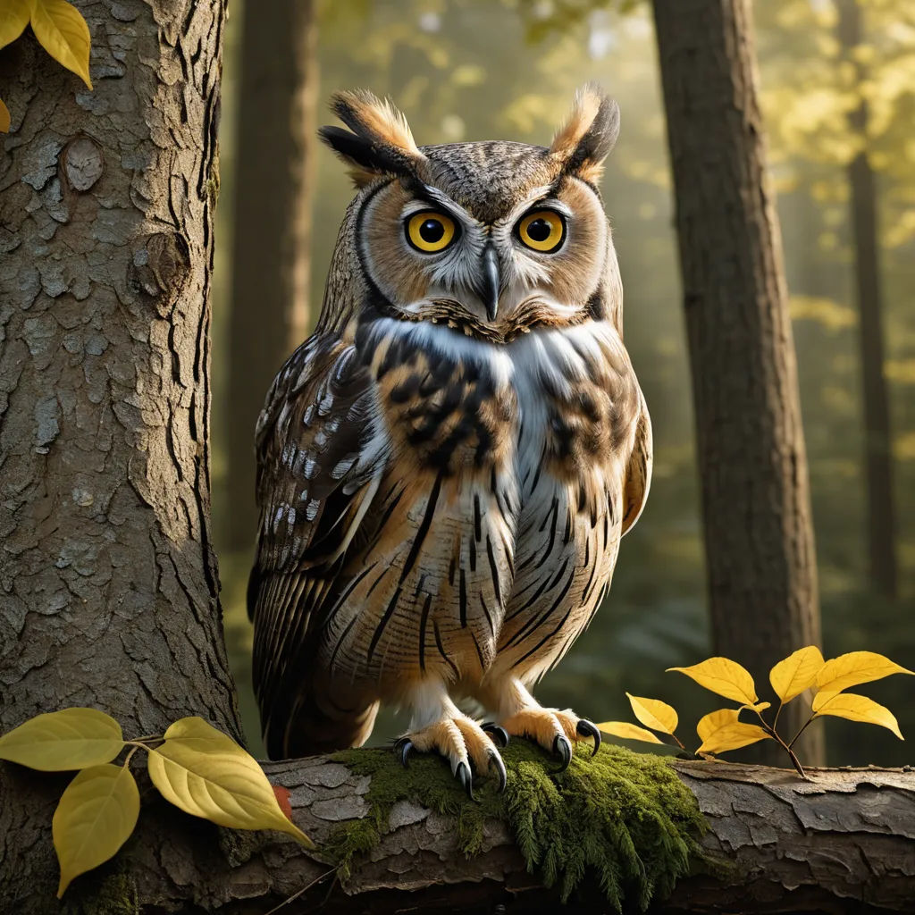 a large owl sitting on a tree branch in a forest with yellow leaves and a tree trunk with a mossy branch, naturalism, a photorealistic painting, Chris LaBrooy, animal photography