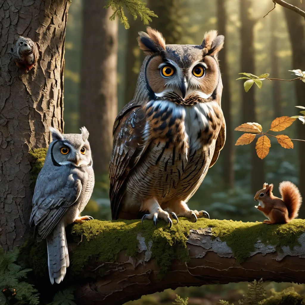 a couple of owls sitting on top of a tree branch in a forest next to a squirrel and a squirrel, photorealism, a 3D render, Chris LaBrooy, cgstudio