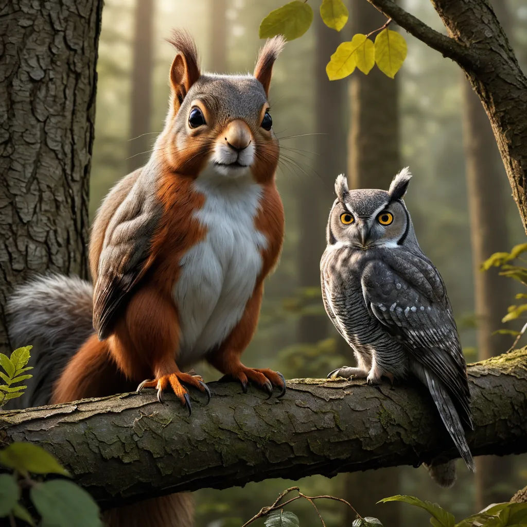 a squirrel and an owl are sitting on a tree branch in the woods, one of which is looking at the camera, photorealism, a 3D render, Chris LaBrooy, weta digital