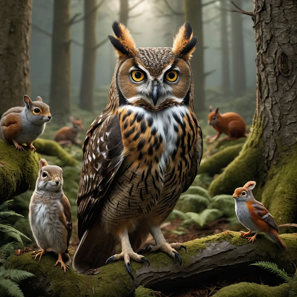 a group of owls standing on a moss covered forest floor next to a tree trunk and a forest filled with birds, naturalism, a photorealistic painting, Chris LaBrooy, highly detailed digital art