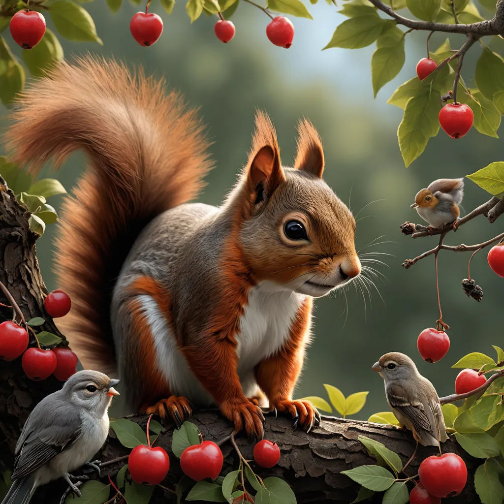 a squirrel and two birds are sitting on a branch with red berries and green leaves on it, and one squirrel is looking at the camera, photorealism, an airbrush painting, Chris LaBrooy, highly detailed digital painting
