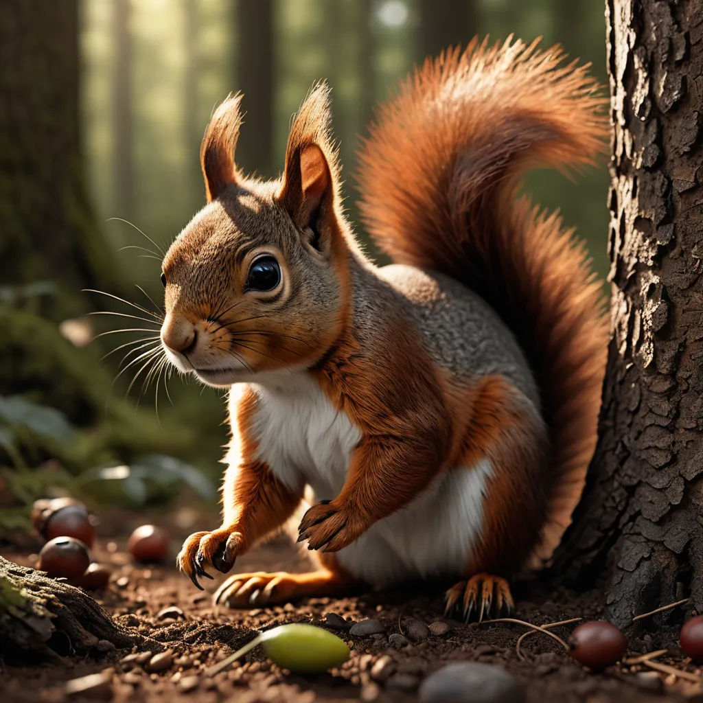 a squirrel is standing next to a tree in the woods with nuts scattered around it and looking up at the camera, photorealism, a 3D render, Chris LaBrooy, ultra realistic digital art