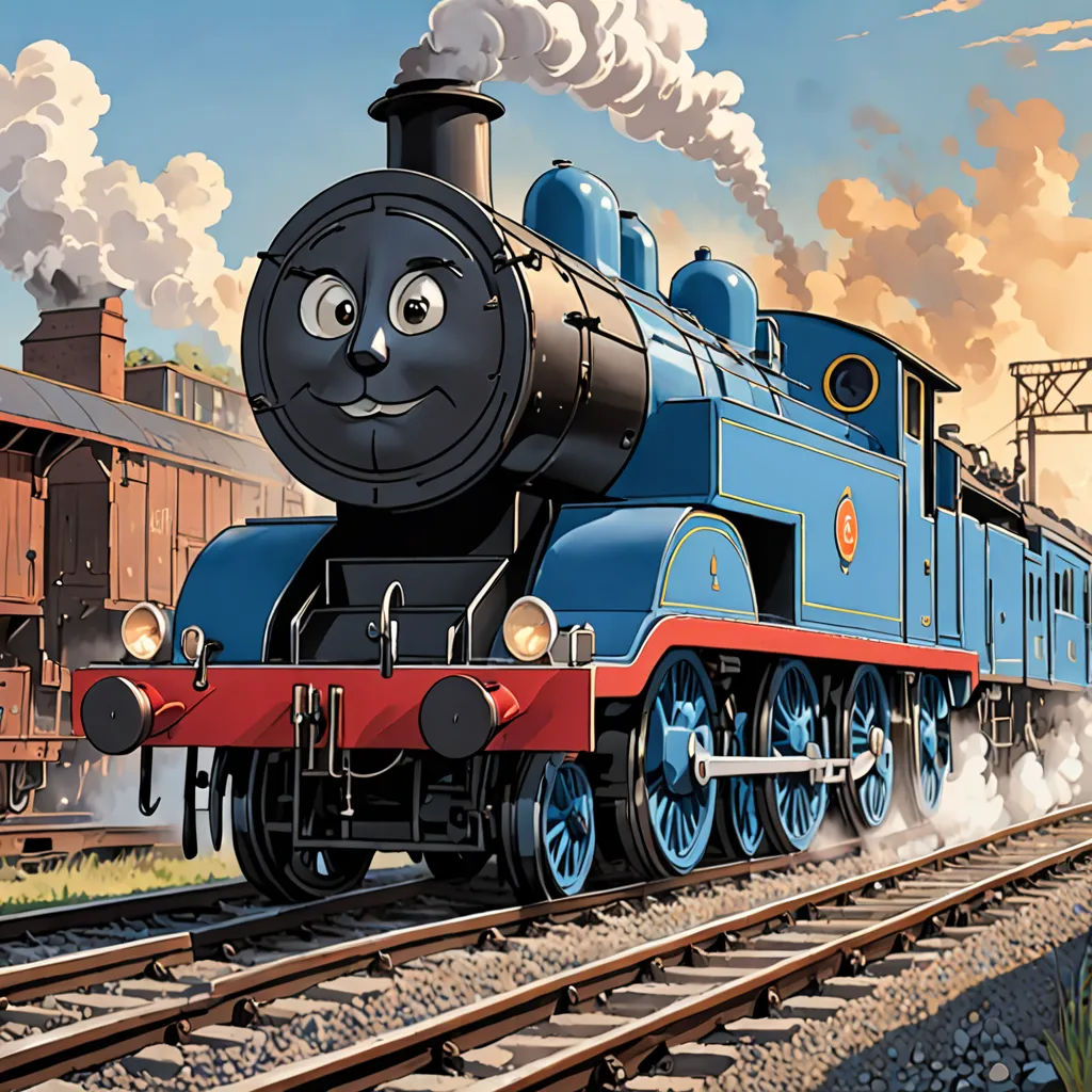 a cartoon train with a face on the front of it on the tracks with smoke coming out of it, sots art, a digital rendering, Donald Roller Wilson, official art