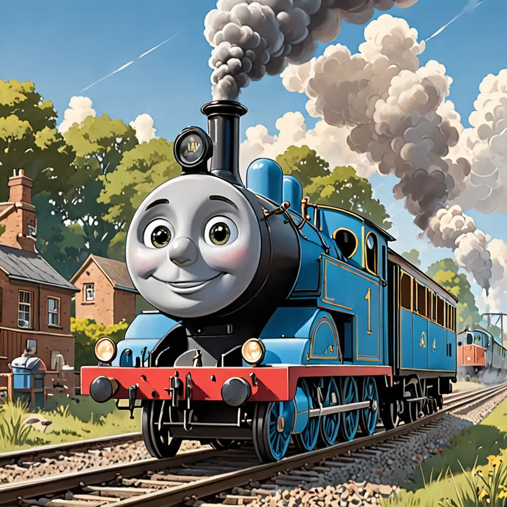 a thomas the train cartoon is on the tracks with smoke coming out of it's mouth and a train engine is on the track, sots art, a digital rendering, Donald Roller Wilson, official art