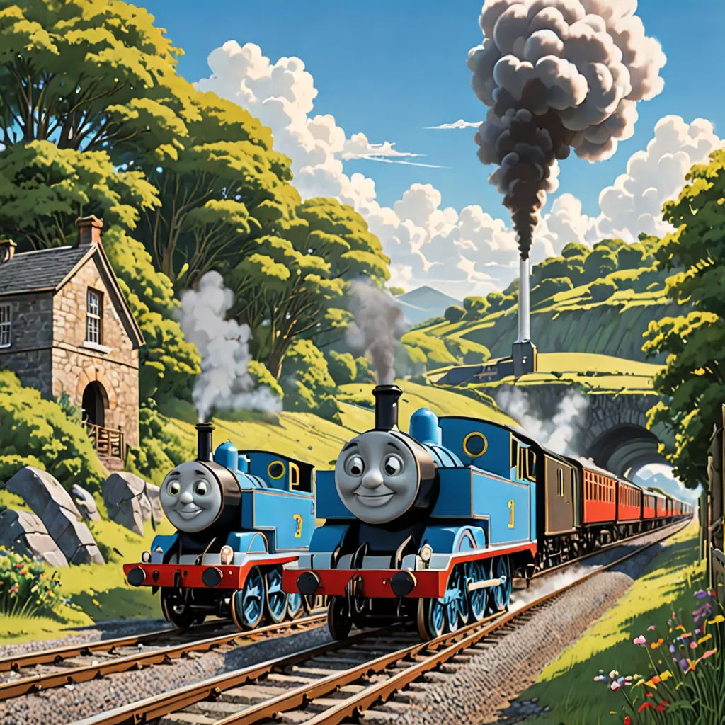 a painting of a thomas the train engine pulling a train car down the tracks with a train engine blowing smoke, american scene painting, a detailed matte painting, Donald Roller Wilson, official art