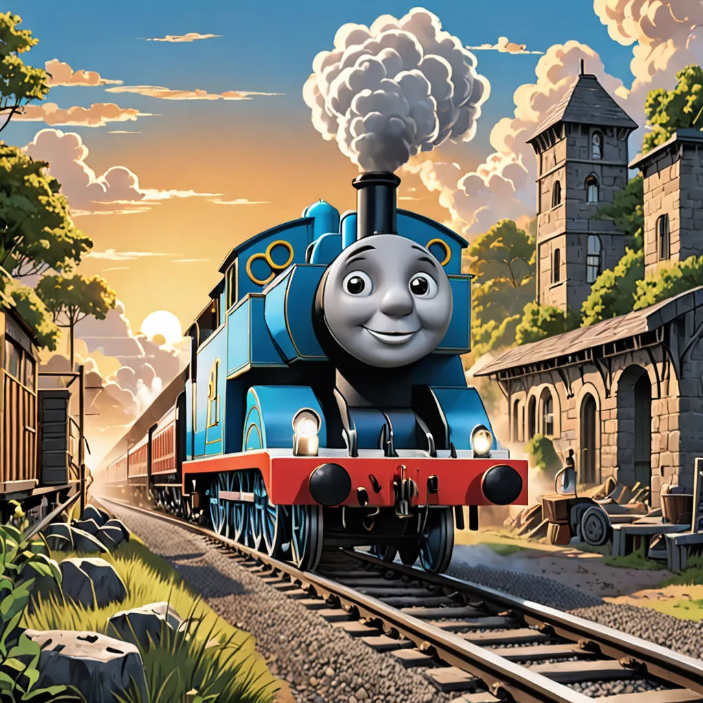 a thomas the train cartoon is on the tracks with a building in the background and a tree in the foreground, sots art, concept art, Donald Roller Wilson, official art